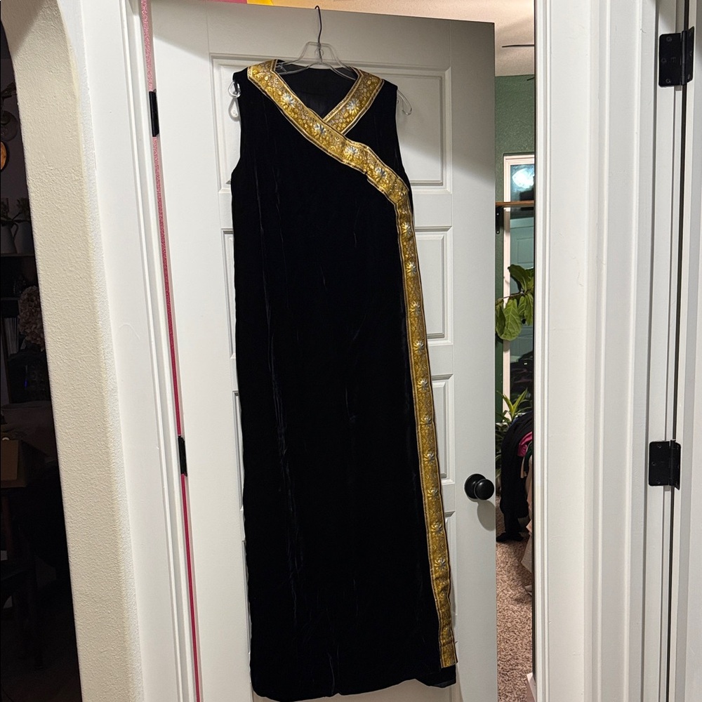 Vintage Elegant Black Dress with Gold Trim